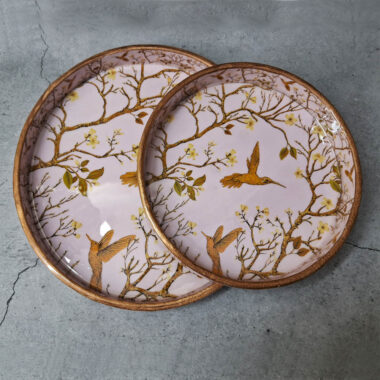 Handicraft Wooden Round Bird Floral Design - Tray Set of 2