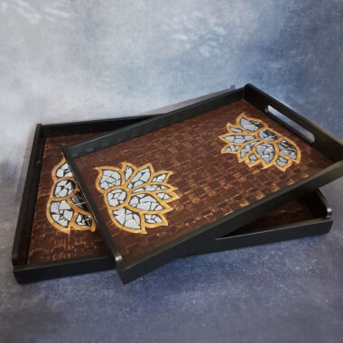 Designer Inlay Mirror Lotus Design Trays Set Of 2