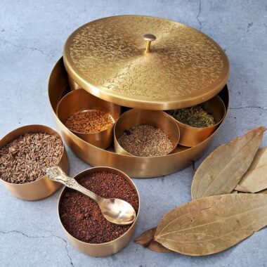 Handmade Embossed Lid Pure Brass Masala / Spice Box