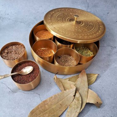 Handmade Floral Embossed Pure Brass Masala / Spice Box