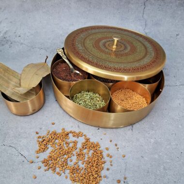 Handmade Coloured Floral Embossed Pure Brass Masala / Spice Box