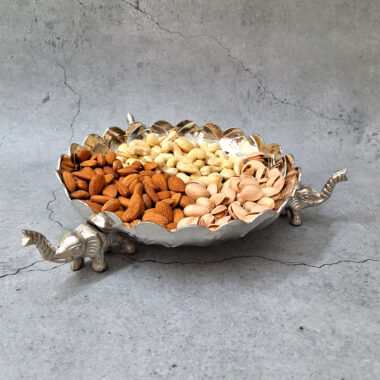 Silver Plated White Metal Handcrafted Urli Bowl Platter with Elephant Legs